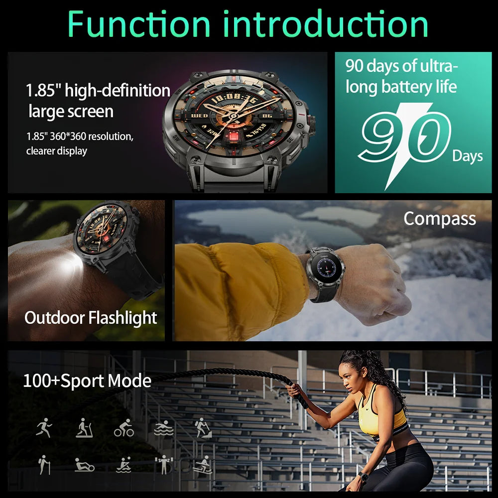 Military smartwatch men,760mAh Bluetooth call,LEDflashlight,compass,1.85HD Large screen,heart rate.blood pressure,IP68waterproof