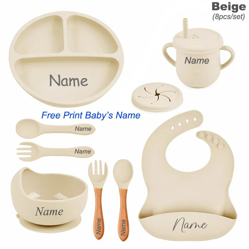 Personalized Logo Name Baby Silicone Dishes Feeding Set Suction Cup Bowl Tableware Kids Bowl Spoon Fork Bib Feeding Set BPA Free