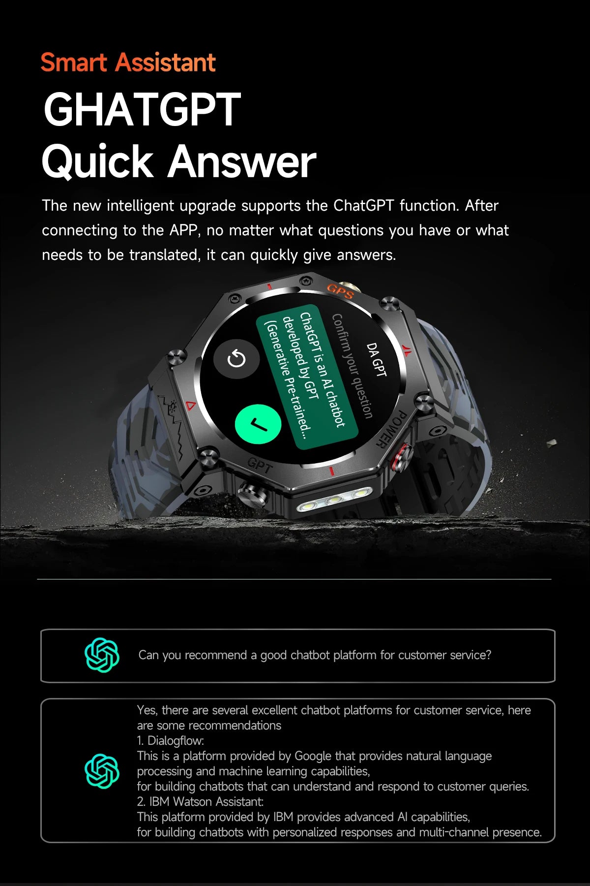 New ChatGPT AI assistant smartwatch with 5ATM water resistance, GPS, built-in dual-frequency GNSS and compass. For men and women