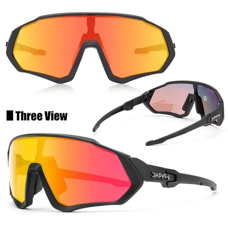 Sport sunglasses with black frame and mirrored red-orange lenses shown from three angles