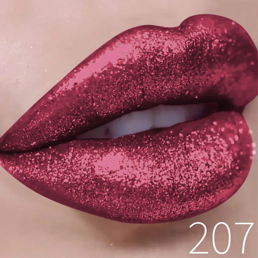 Lips with vibrant pink glitter lipstick, close-up makeup look, shade number 207.