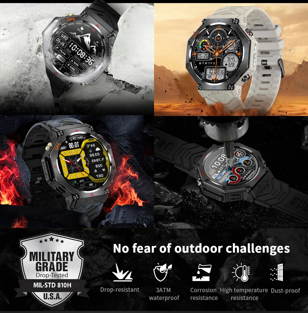 New ChatGPT AI assistant smartwatch with 5ATM water resistance, GPS, built-in dual-frequency GNSS and compass. For men and women