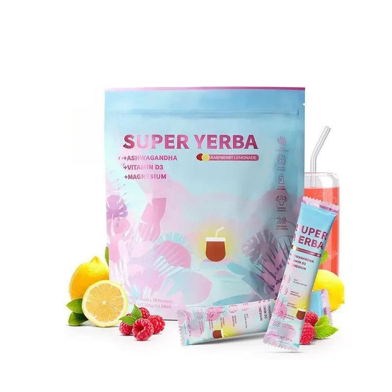 Super Yerba Aswagandha Magnesium Vitamin D Drink Energy Boost - Clean Energy, Brain Fog Buster and Gut Health Supplement