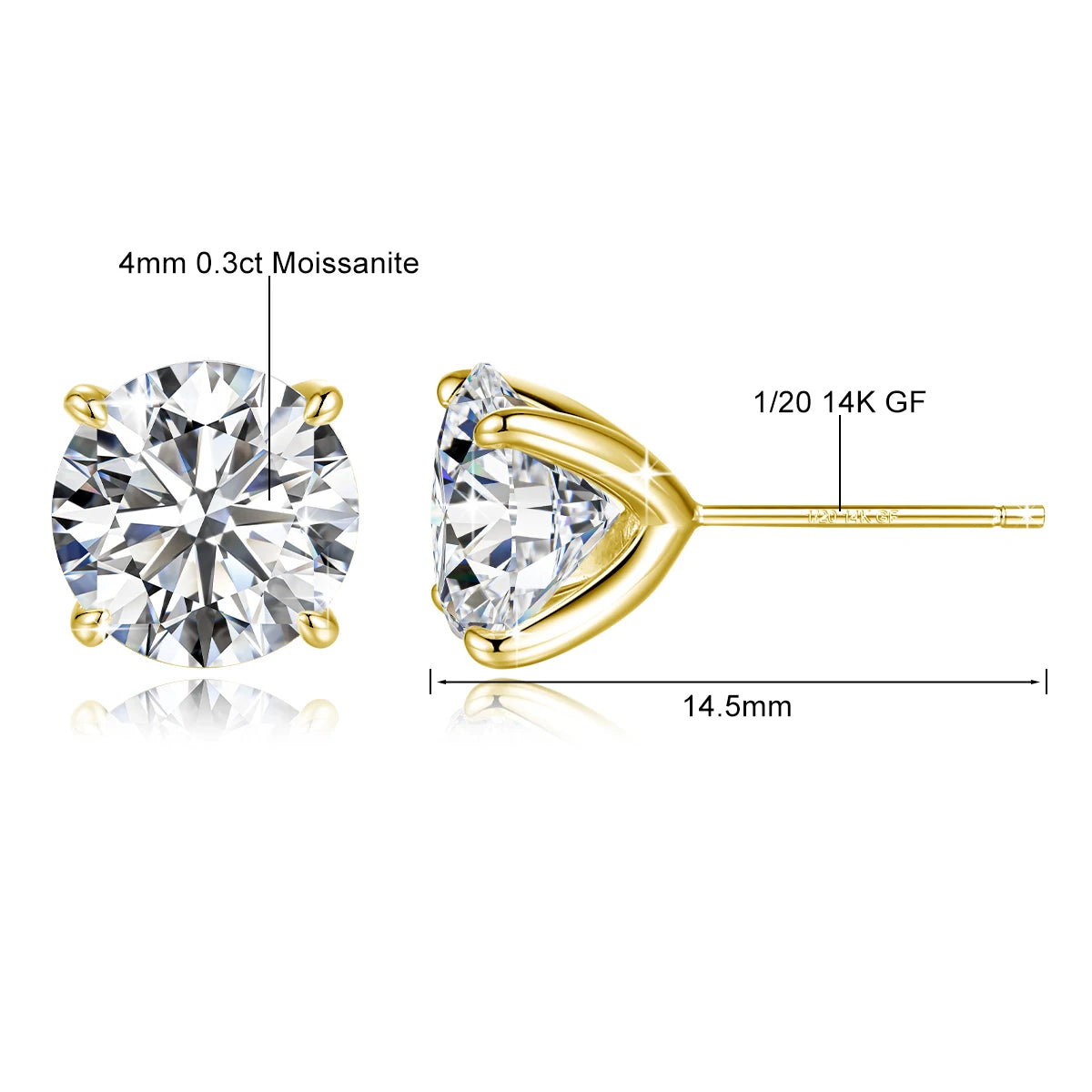 Solid 14K Gold Filled 4 Prong D Color Moissanite Stud Earrings for Women Wedding Diamond Ear Studs Fine Jewelry Birthday Gift