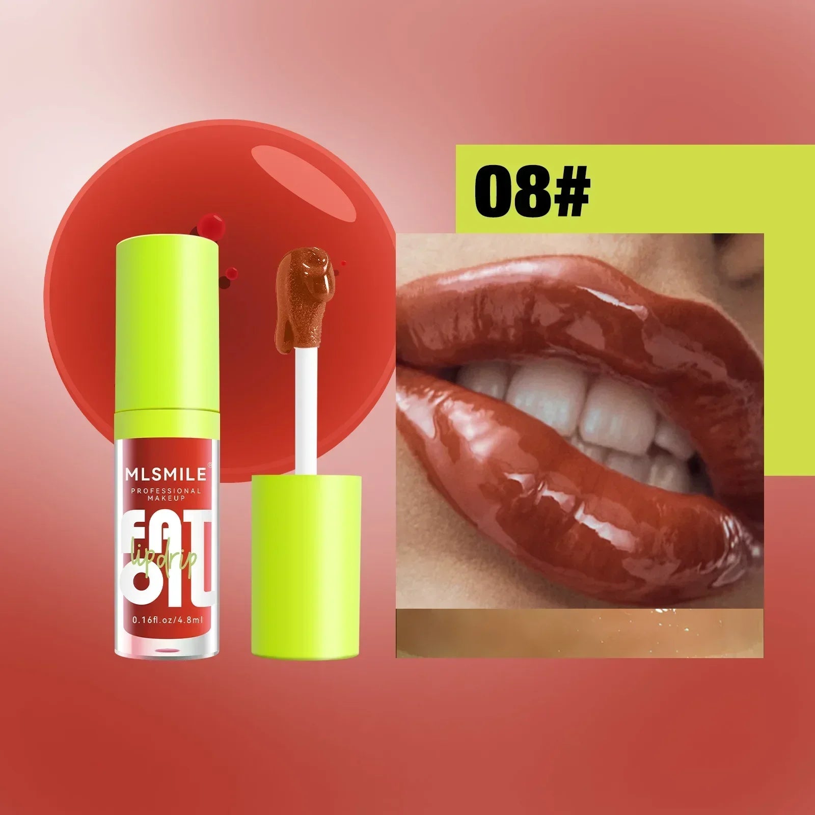Glossy brown lip oil makeup, close-up of lips wearing ML Smile Fat Drip shade 08#