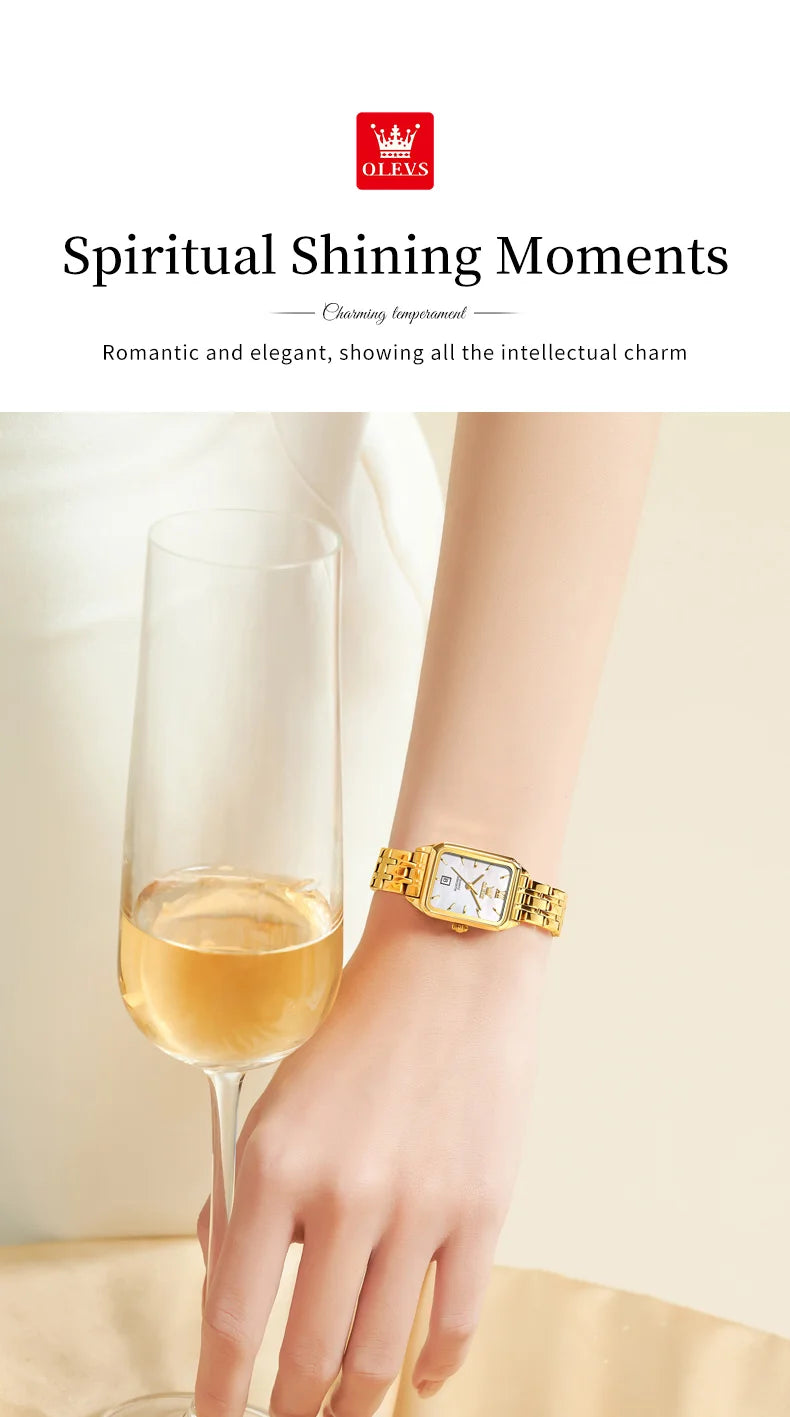 OLEVS 5616 New Quartz Watch for Women Fashion Elegant Square Golden Watch Calendar Waterproof Stainless Steel Ladies Wristwatch