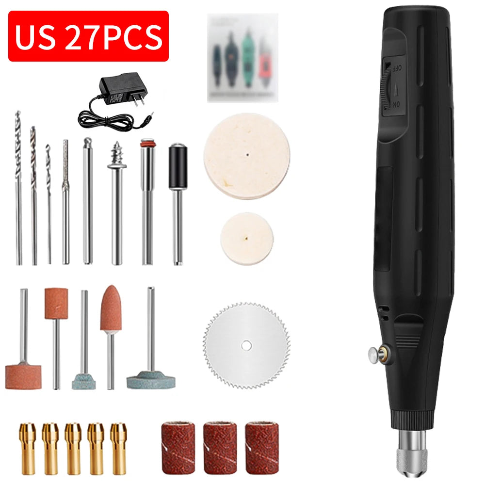 Mini Electric Drill Grinder with Drill Bit Sets 12V Portable Electric Carving Pen Rotary Household Drill Polish Grinding Machine