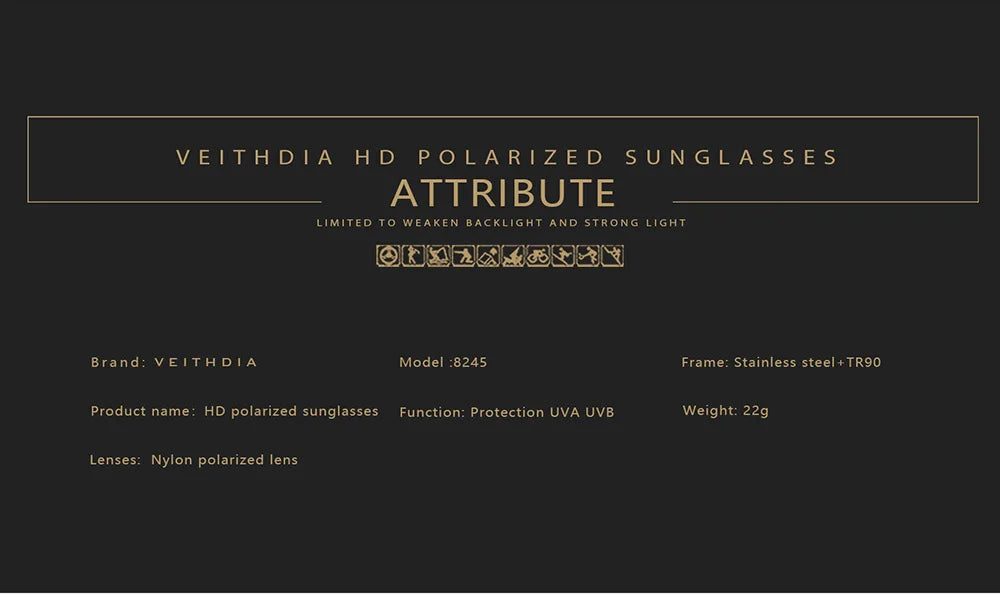 VEITHDIA HD polarized sunglasses attributes, stainless steel frame, UVA UVB protection