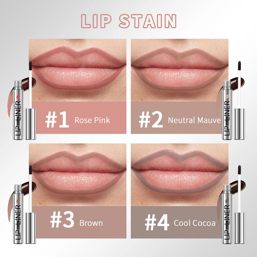 Lip stain swatches on lips in rose pink, neutral mauve, brown, and cool cocoa shades.