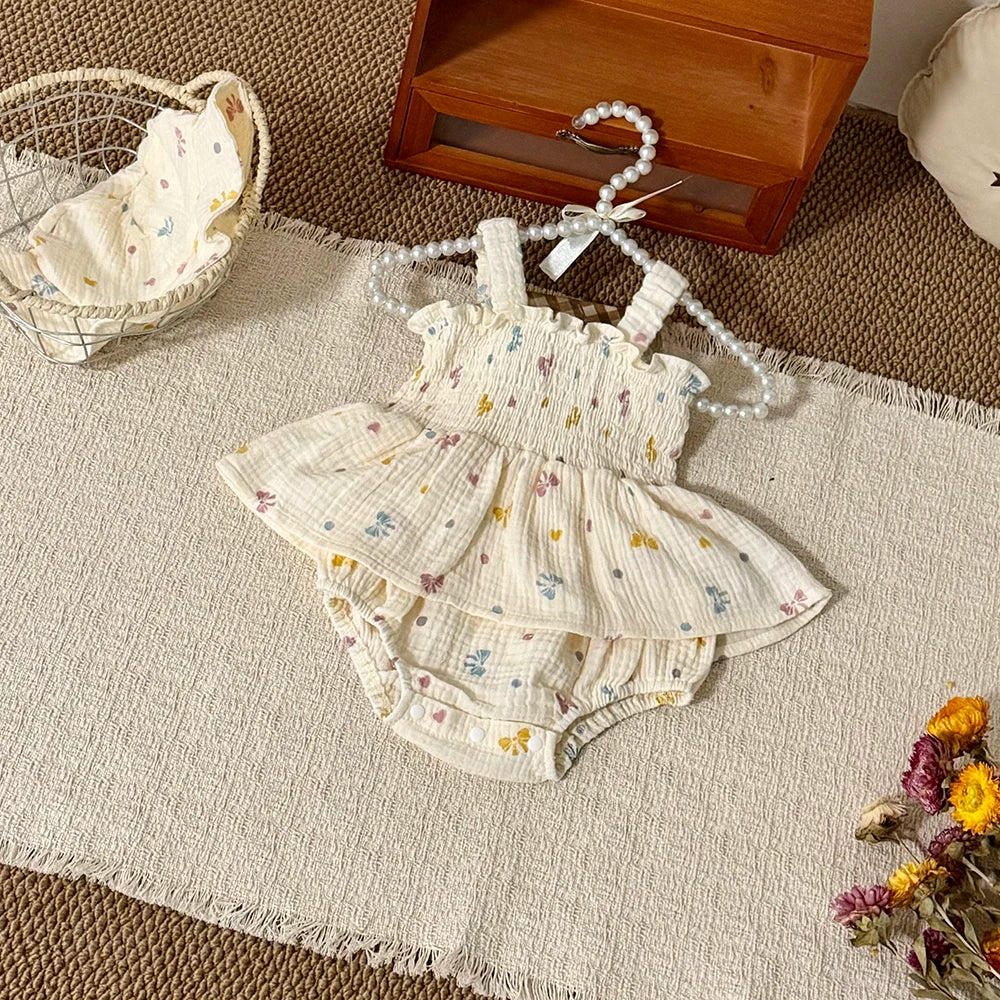 MILANCEL New Summer Baby Bodysuit 3-18M Sweet Bow Infant Girls Straps Jumpsuit +Hat Cotton Thin Toddler One Piece
