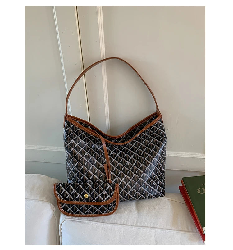 Large Capacity Women's Shoulder Bag Fashionable Commuter Tote Bag Soft PU Leather Printed Geometric Pattern Autumn New Arrival