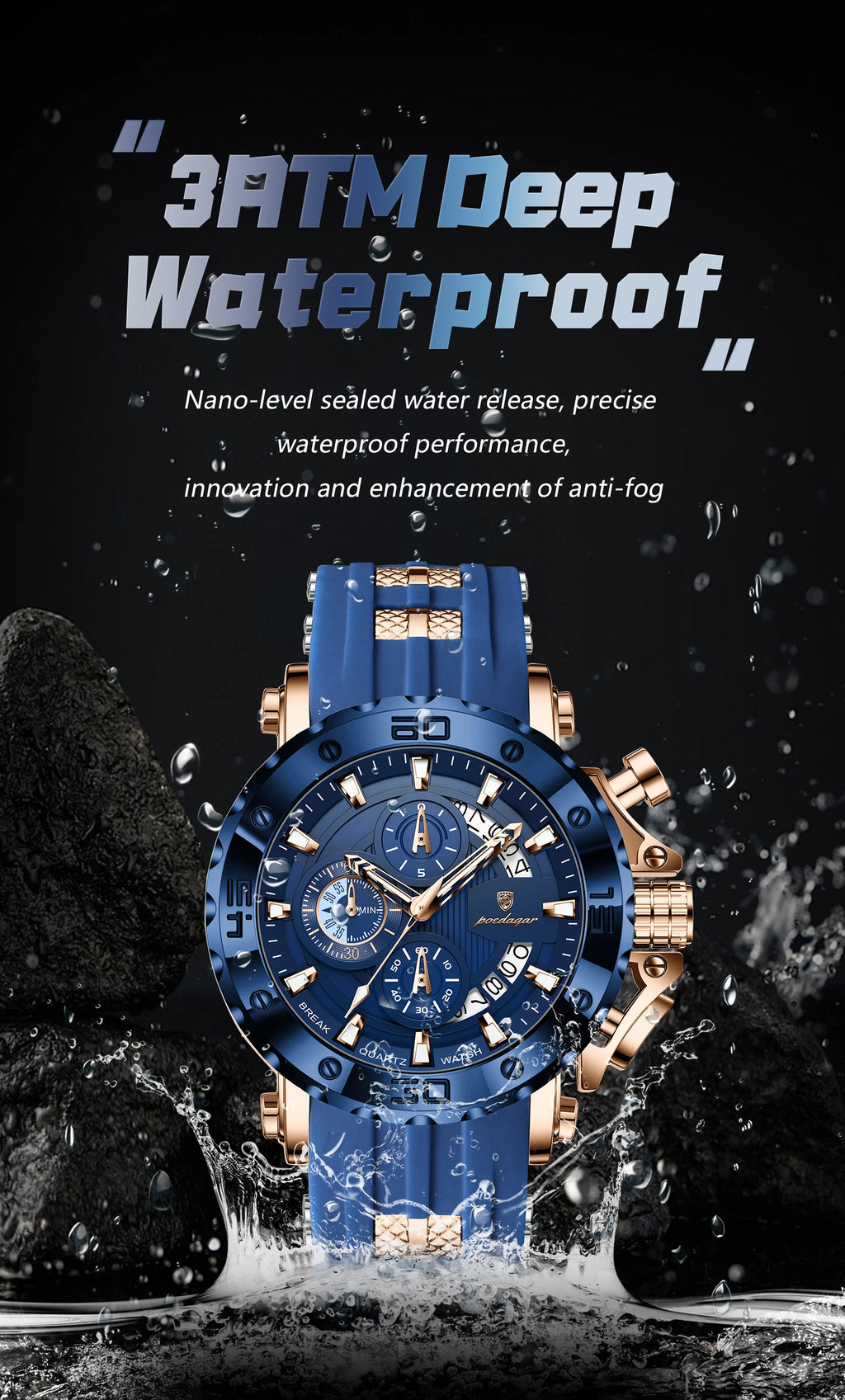 POEDAGAR Original Luxury Man Watch Chronograph Waterproof Luminous Sports Men Clock Calendar Silicone Strap Quartz Men's Watches