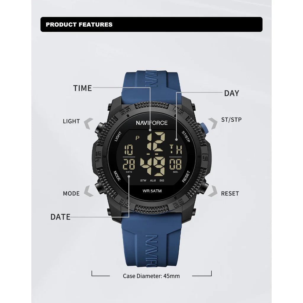 NAVIFORCE NF7104 Men's LCD Digital Leisure Date and Week Alarm Clock Waterproof Silicone Strap Electronic Premium Watch