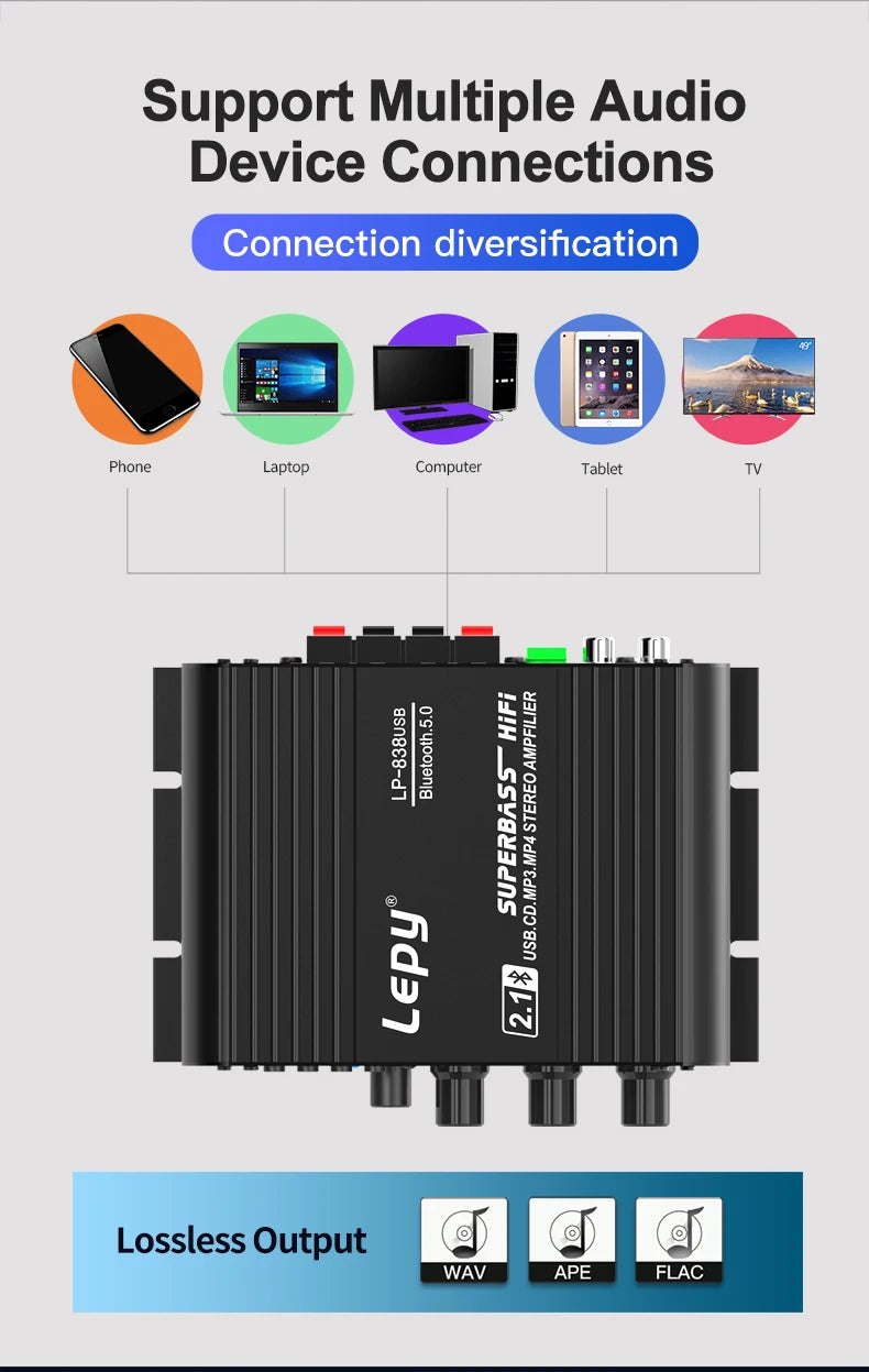 LP-838USB 2.1Channel Amplifier 12V Car Home Amp USB BT Lossless Music Play Digital Audio Amplificador with Remote Control HiFi