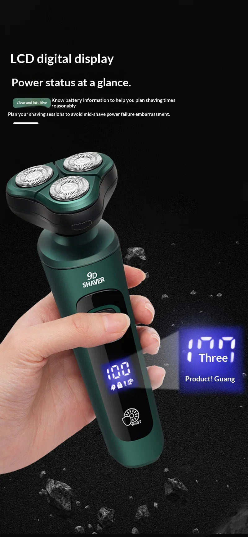 Smart Electric Shaver with LCD Display – 3D Floating Triple Head Razor, USB Rechargeable & Waterproof for Shaving Beard Trimming