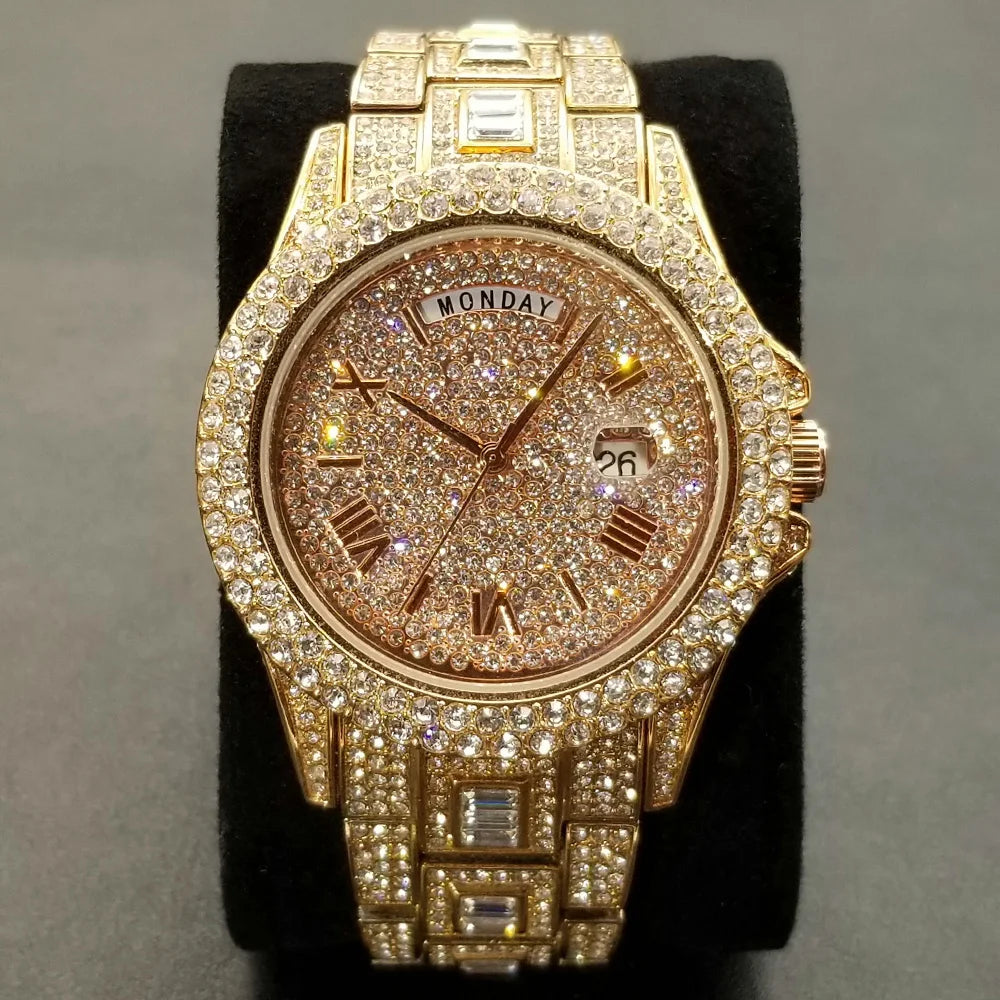 TikTok Hot Diamond Wristwatch For Men Luxury 18K Gold Plated Quartz Watches Day Date Nightclub Party Watch Unisex Rapper Jewelry