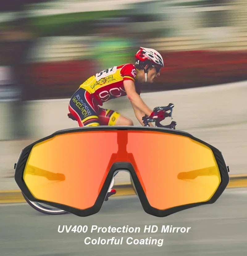 Cyclist wearing helmet riding behind oversized sports sunglasses with orange reflective lenses, UV400 protection.