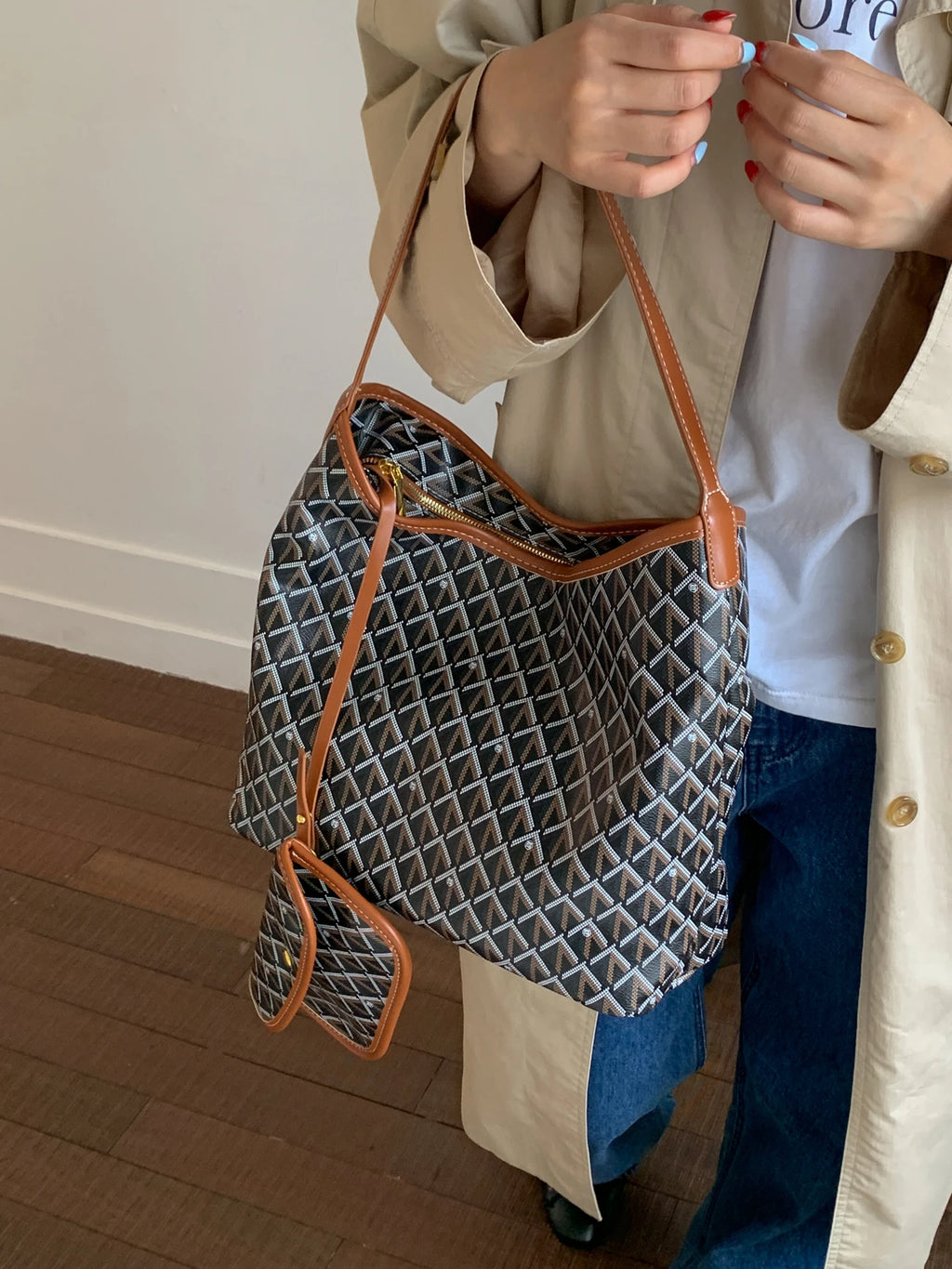 Large Capacity Women's Shoulder Bag Fashionable Commuter Tote Bag Soft PU Leather Printed Geometric Pattern Autumn New Arrival