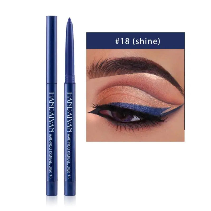 Blue waterproof gel eyeliner pencil with dramatic winged eye makeup look, shade 18 shine.