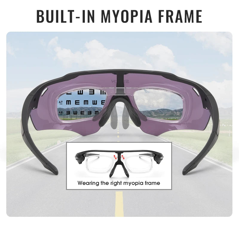 Sports goggles with built-in myopia frame and lens insert, displayed on a road background