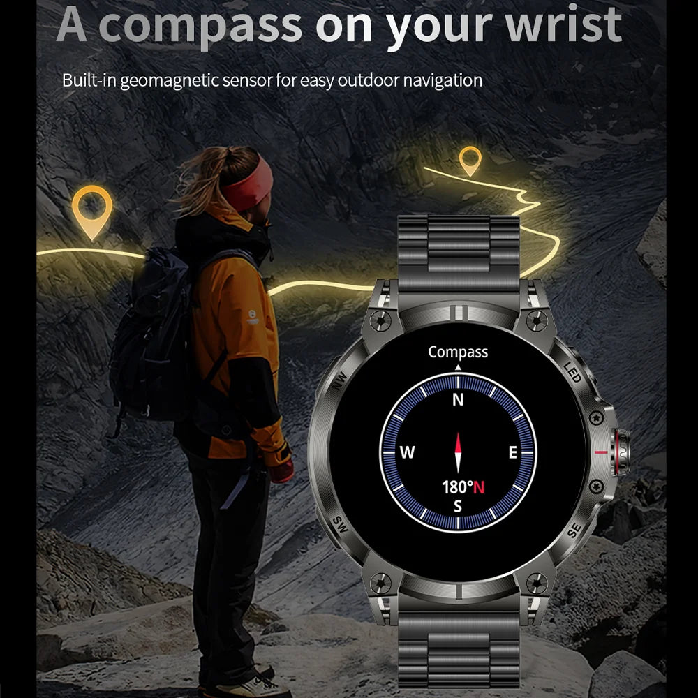 Military smartwatch men,760mAh Bluetooth call,LEDflashlight,compass,1.85HD Large screen,heart rate.blood pressure,IP68waterproof