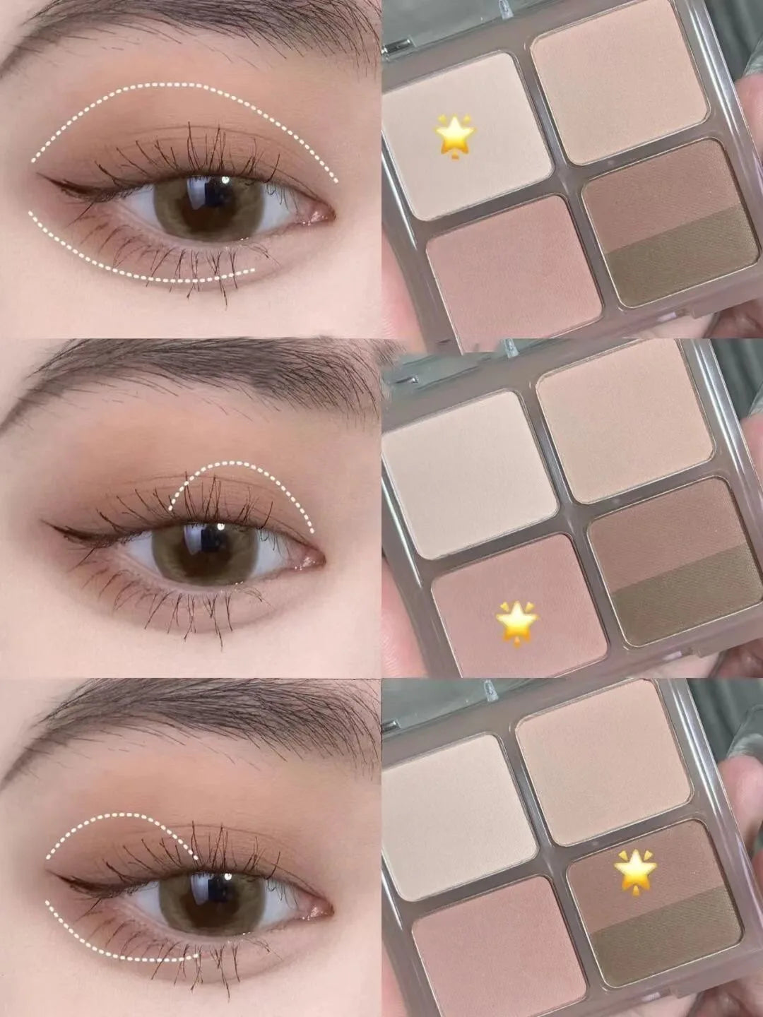 Natural nude eyeshadow palette with tutorial on eye, soft brown makeup look