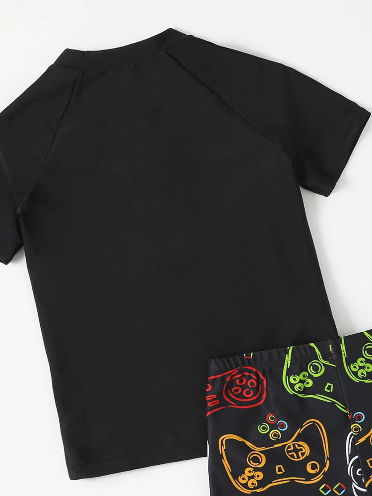 Boy Swimsuit 2026 New Graffiti Print Short Sleeve Children Swimwear Summer Two Piece Kids Beach Wear Swimming Bathing Suit Boys