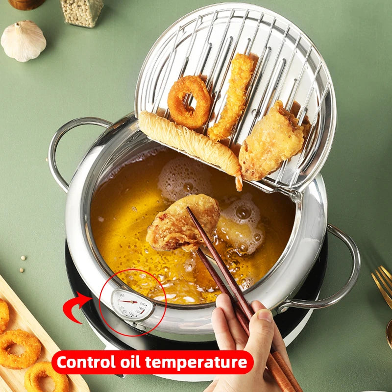 Japanese Deep Frying Pot With A Thermometer And A Lid Fryer Pan 304 Stainless Steel Kitchen Tempura Oil Frying Pan Fryer