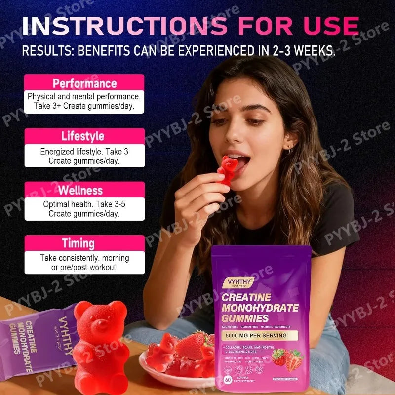 Creatine Monohydrate Gummies Daily Pre & Post Workout Recovery Support Contain Collagen,Biotin,Vitamin & Hyaluronic Acid 60count