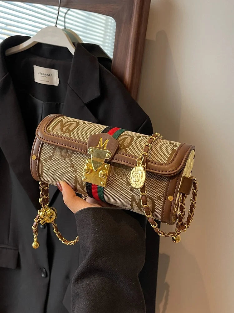 Fashionable Retro Summer Women's Chain Crossbody Bag Trendy Cylinder Bag Soft PU Leather Casual Style Small Size Korean Style