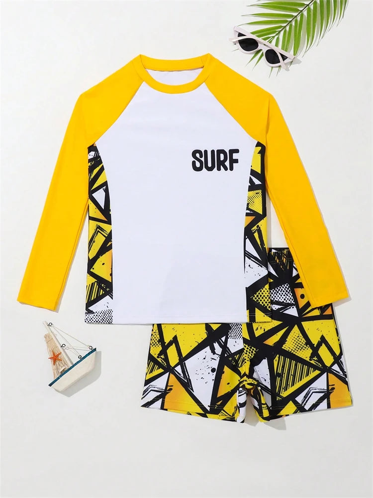 Boy Swimsuit 2026 New Solid And Print Long Sleeve Children Swimwear Summer Kids Beach Wear Shorts Swimming Bathing Suit For Men