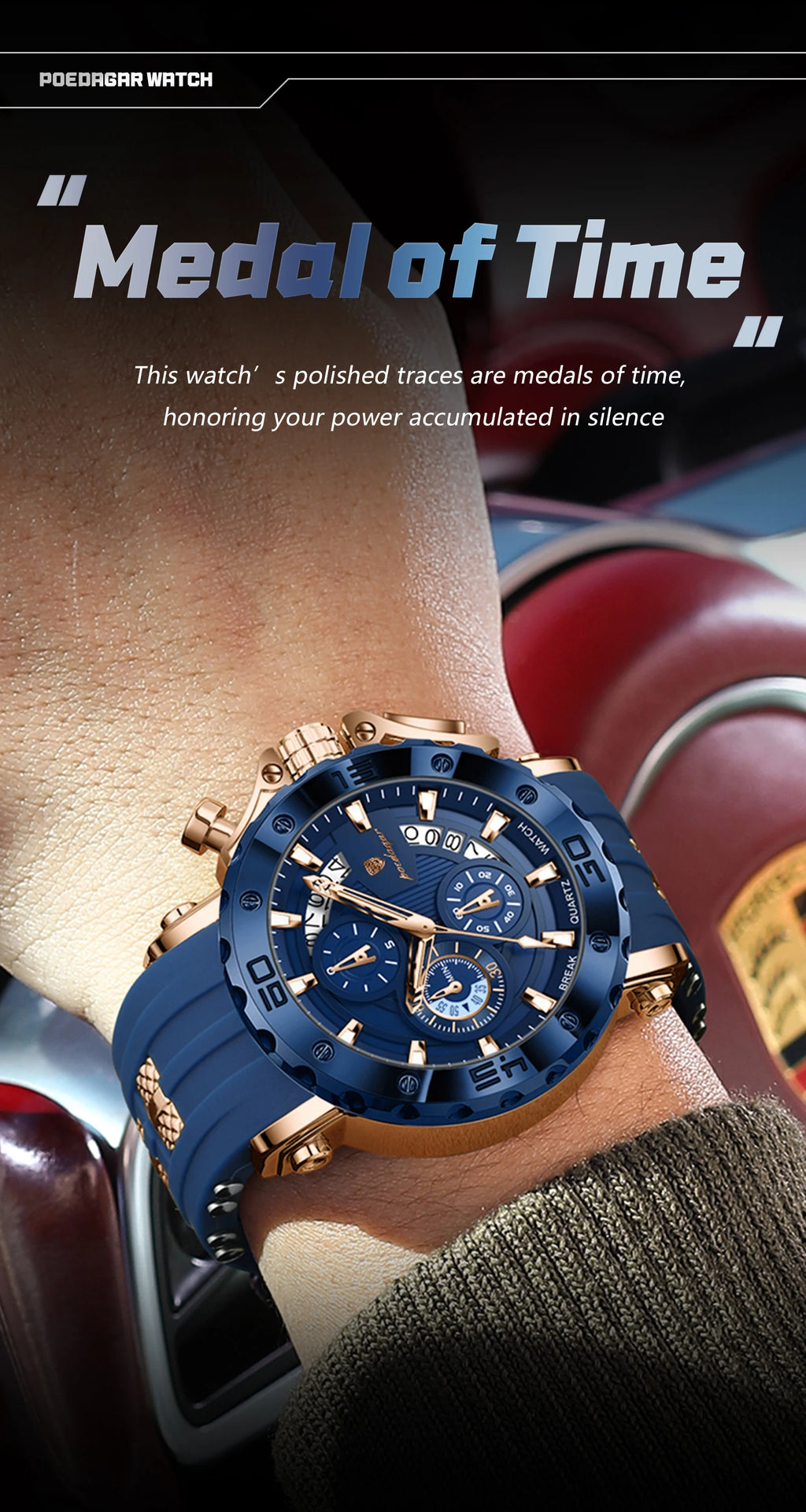POEDAGAR Original Luxury Man Watch Chronograph Waterproof Luminous Sports Men Clock Calendar Silicone Strap Quartz Men's Watches