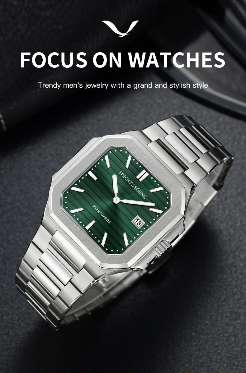 2025 Specht & Söhne New Hot Selling Ultrathin Cubic Watch For Men Quartz Wristwatch Sapphire Green Color Luminous Waterproof