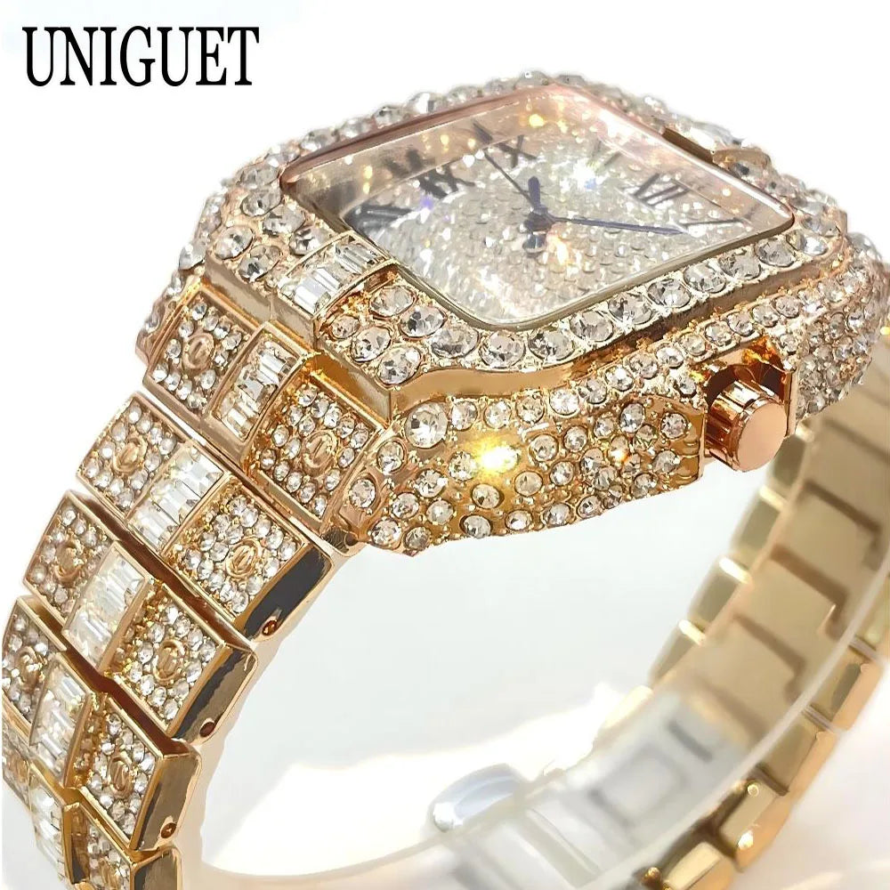 Hot Fashion Brand UNIGUET Hip Hop Rose Gold Iced Diamond Mens Watch Luxury Square Waterproof Quartz Man Clocks Relogio Masculino