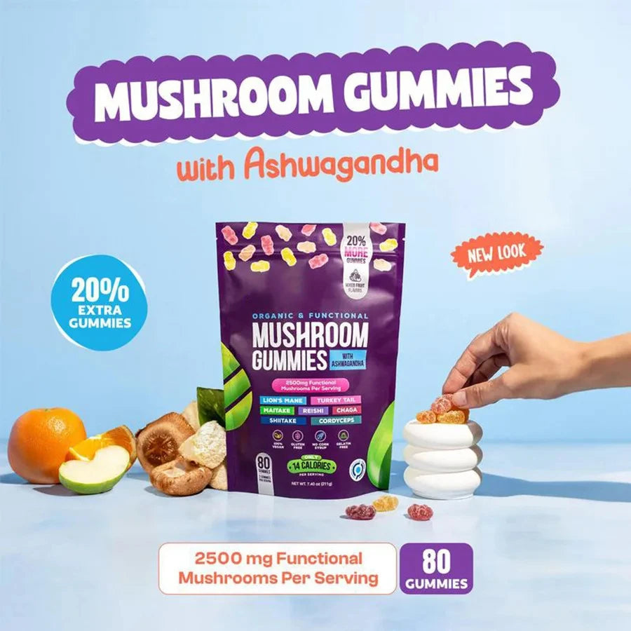 mushroom gummies with ashwagandha, lion's mane, reishi, turkey tail - boost immunity and maintain cardiovascular health