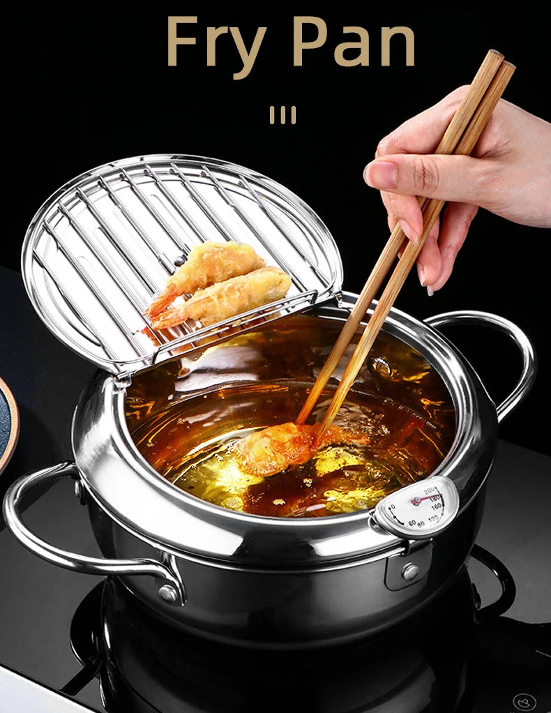 Japanese Deep Frying Pot With A Thermometer And A Lid Fryer Pan 304 Stainless Steel Kitchen Tempura Oil Frying Pan Fryer