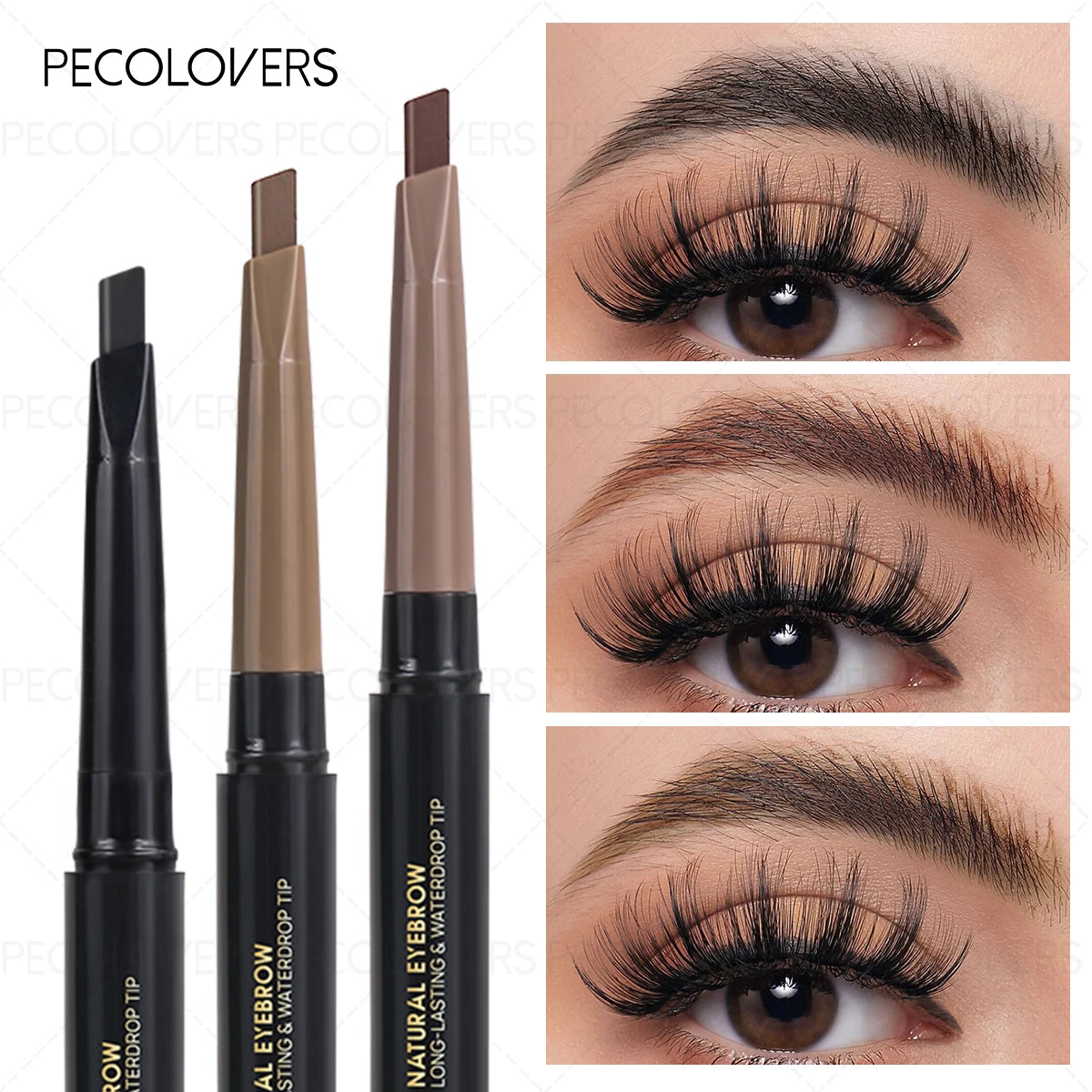 Eyebrow pencils in three shades with close-up of natural, full eyebrows and dramatic eyelashes.