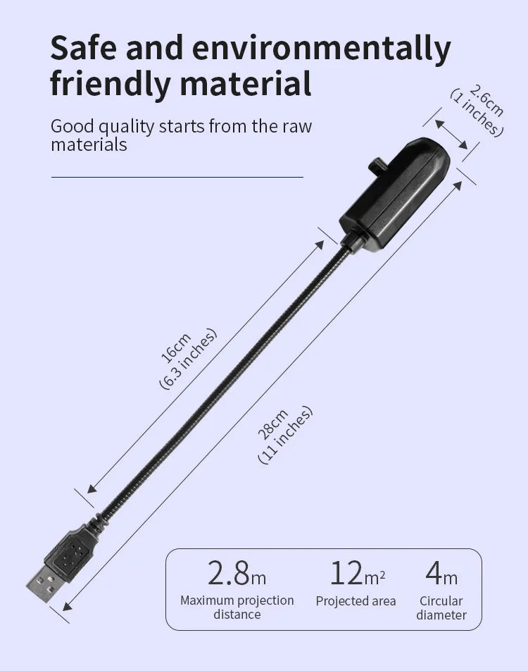 Black USB LED projector light with size dimensions and eco-friendly material features.