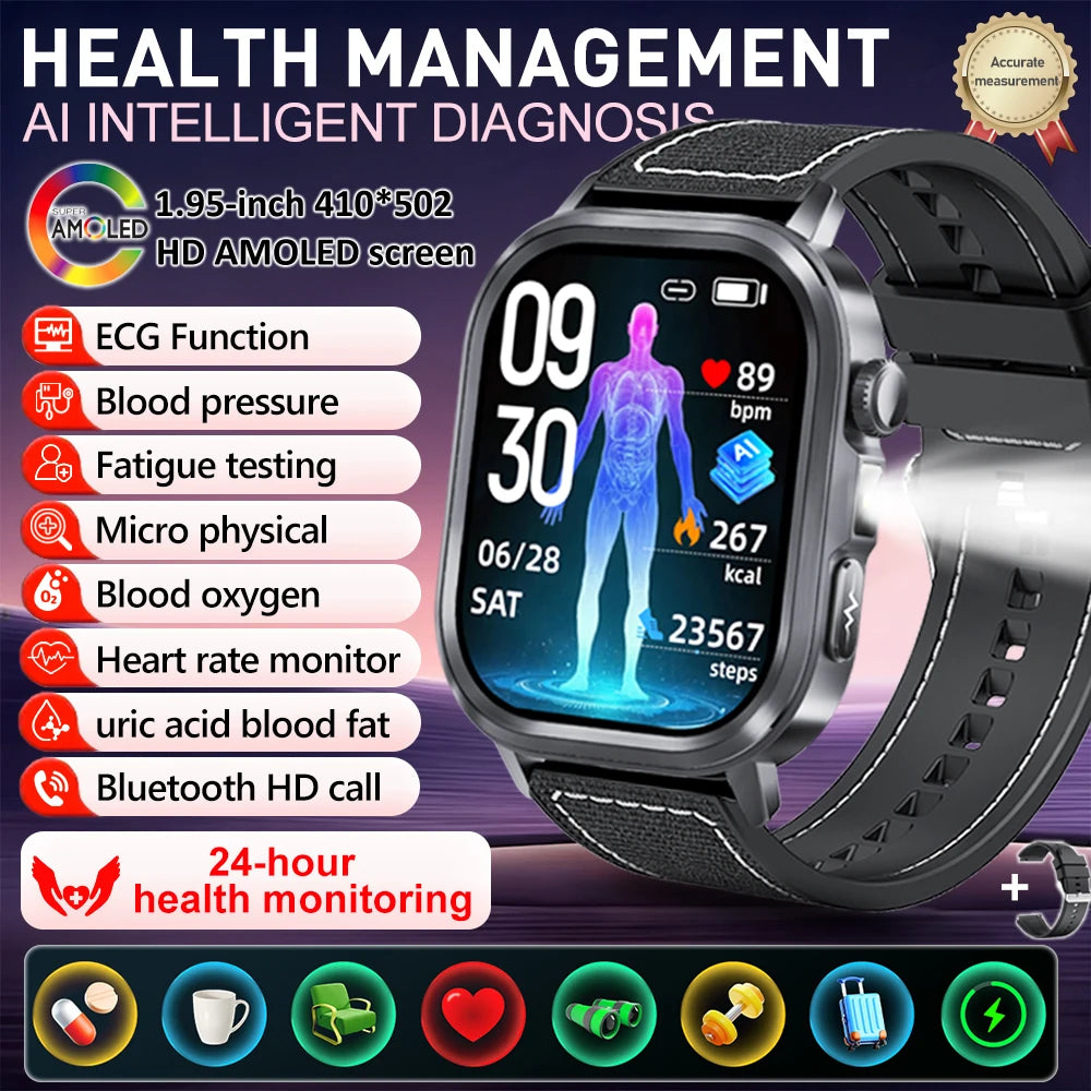 New Accurate Blood Pressure Smart Watch Uric Acid ECG+PPG Blood Oxygen Body Analysis Body Fat LED Flashlight smart watches 2025
