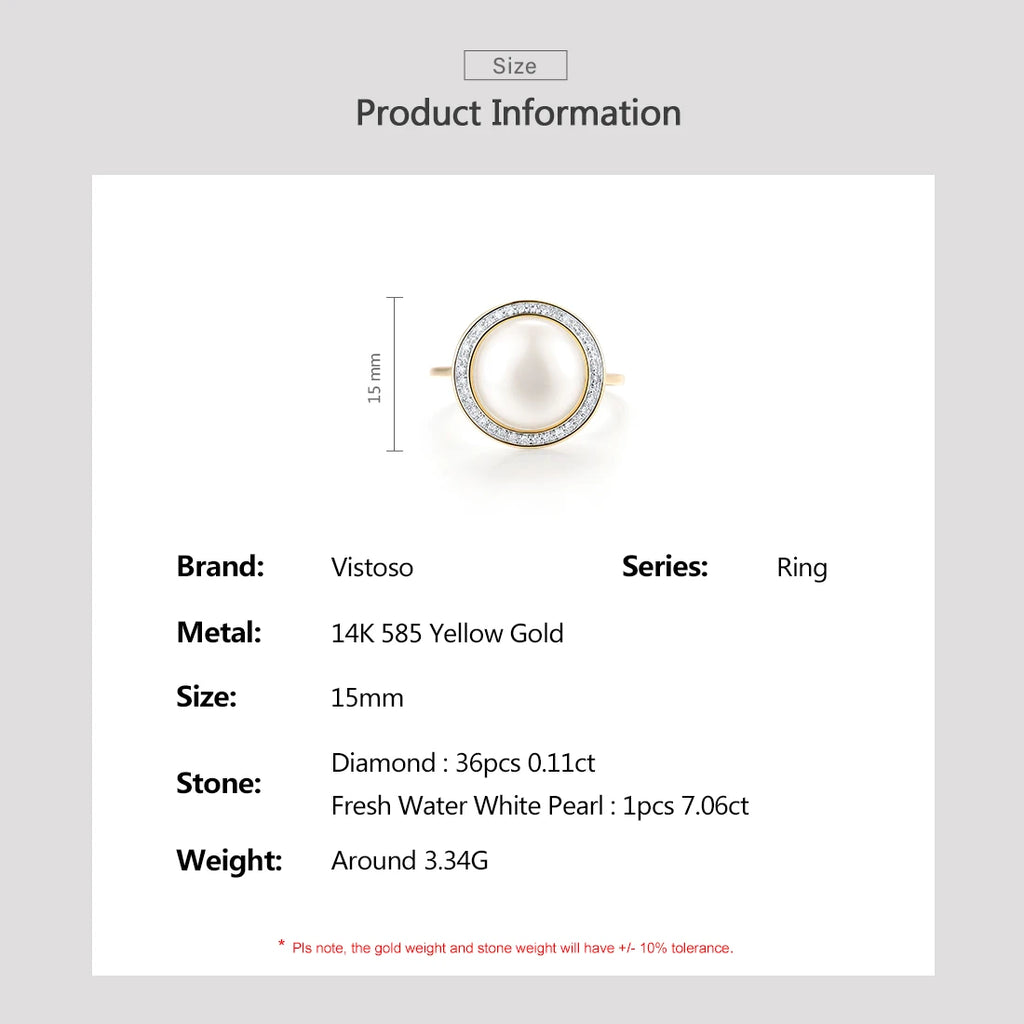 VISTOSO Authentic 14K 585 Yellow Gold Rings For Women Sparkling Diamond Fresh Water Pearl Round Wedding Set Trendy Fine Jewelry
