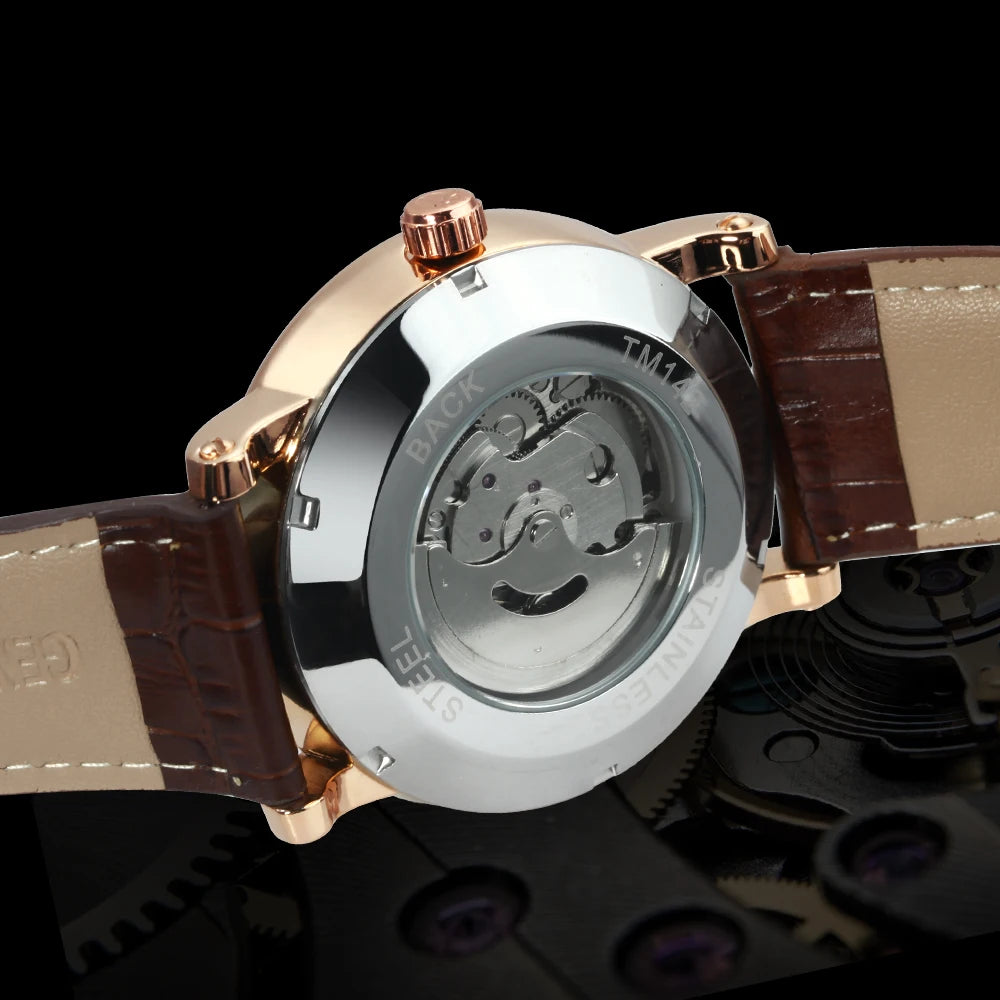 Forsining Classic Business Automatic Mens Watch Calendar Luxury Brand Brown Leather Strap Fashion Rose Gold Mechanical Watches