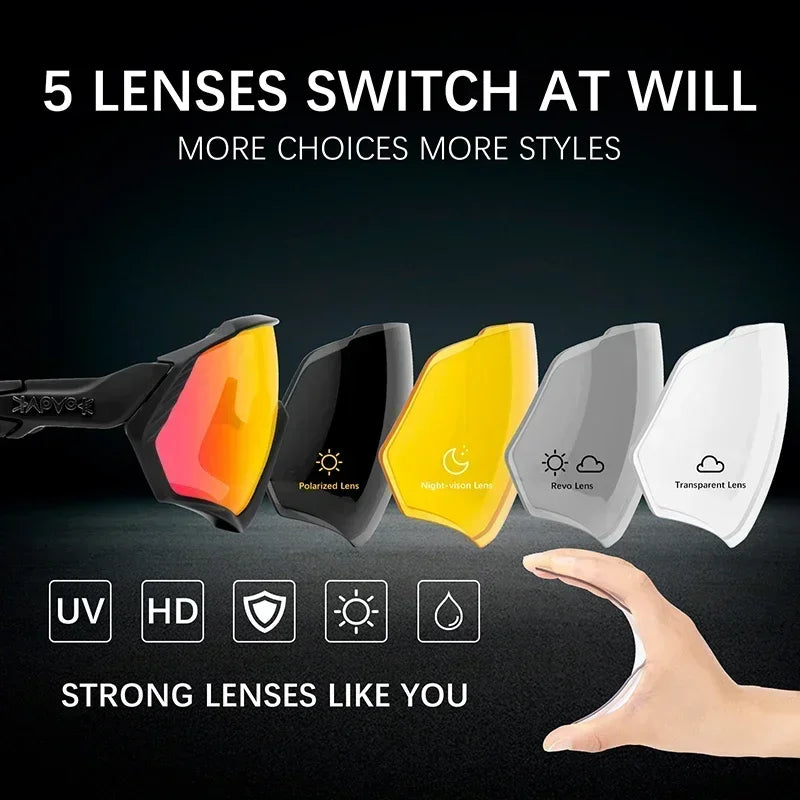 Sport sunglasses with five interchangeable lenses, including polarized, night-vision, revo, and transparent options, UV protection.