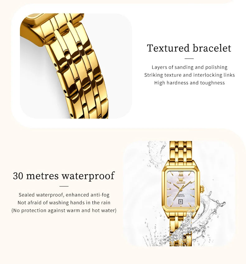 OLEVS 5616 New Quartz Watch for Women Fashion Elegant Square Golden Watch Calendar Waterproof Stainless Steel Ladies Wristwatch