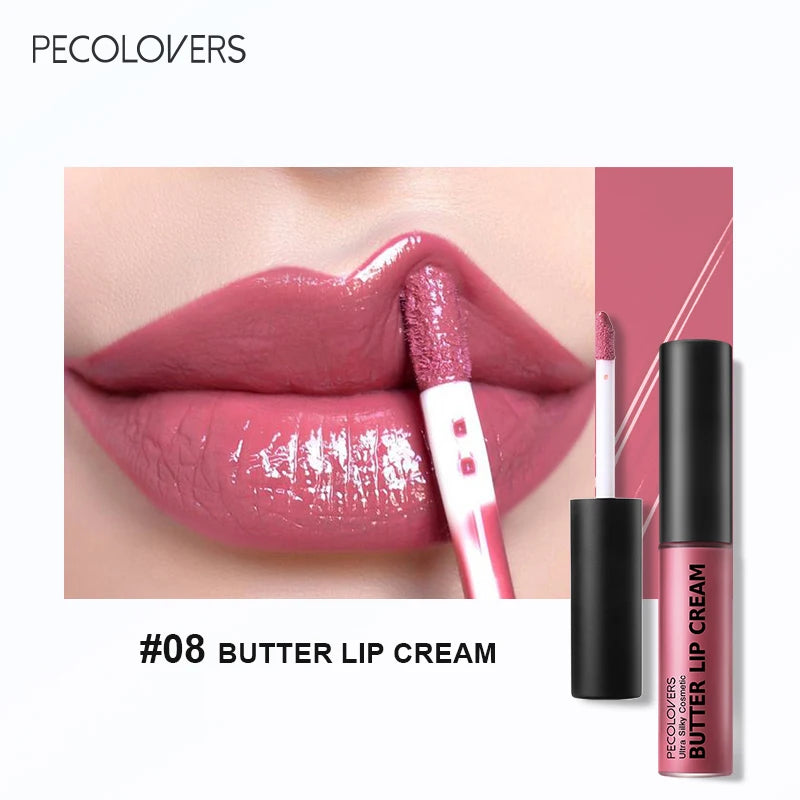 Glossy mauve pink lips with #08 butter lip cream applied, lip gloss tube and applicator visible