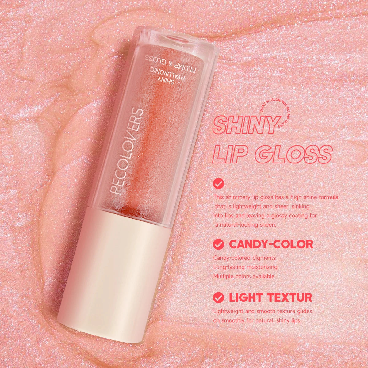 Shiny pink lip gloss tube on glittery background, highlighting candy-color and lightweight texture.