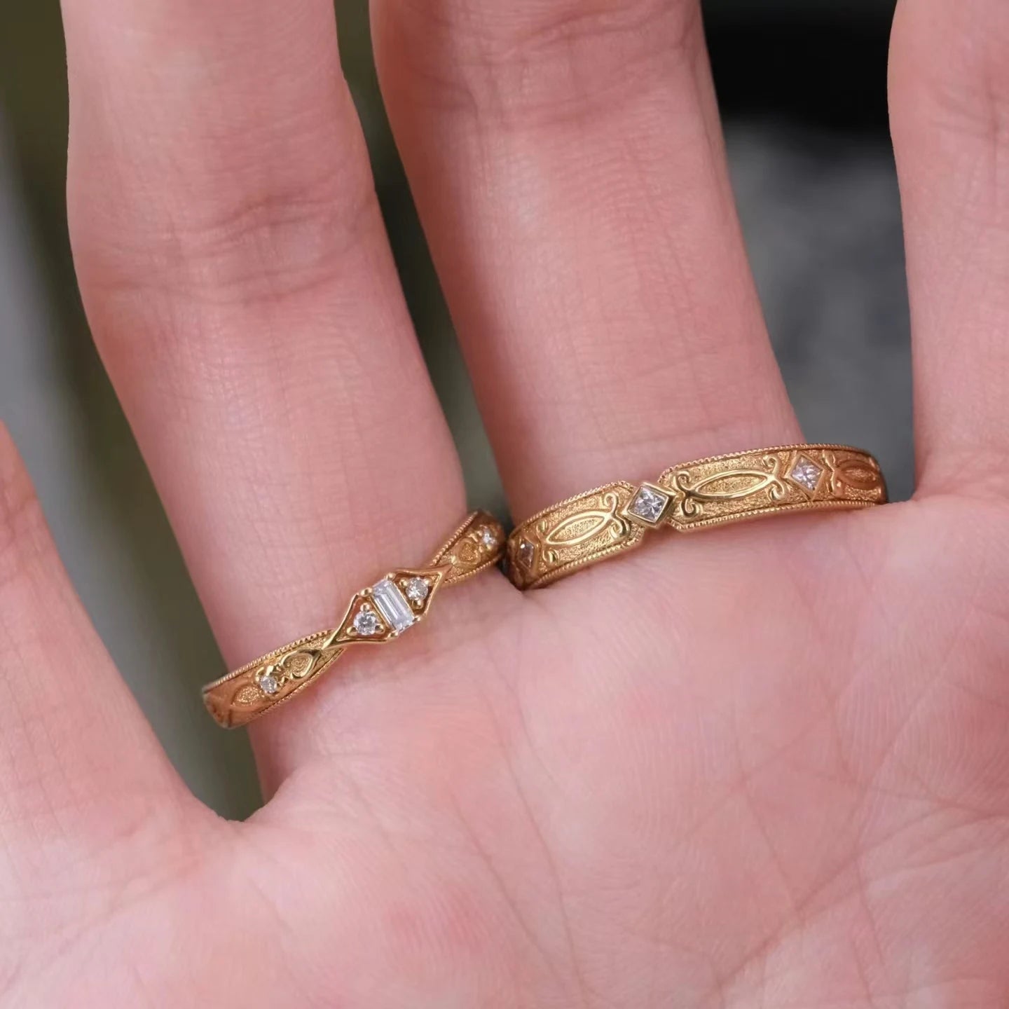 Handcrafted Designer Antique-Style Textured 18K/14K/9K Gold Couple Rings, Timeless Luxury Wedding/Engagement Bands