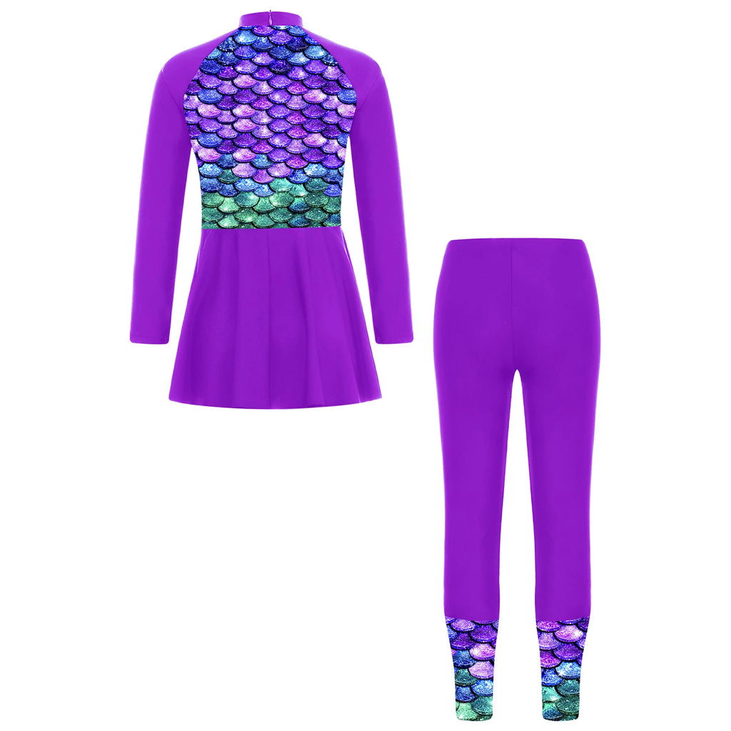 Girls Swimsuits 2 Piece Rash Guard Set UPF 50 Sun Protection Long Sleeve Swim Dress with Leggings Kids Full Body Cover Beachwear
