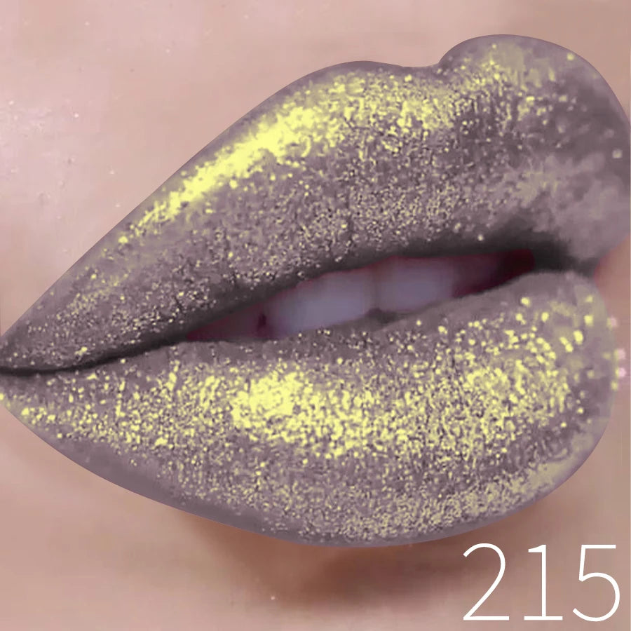 Close-up of lips with metallic purple and yellow glitter lipstick, shade 215.