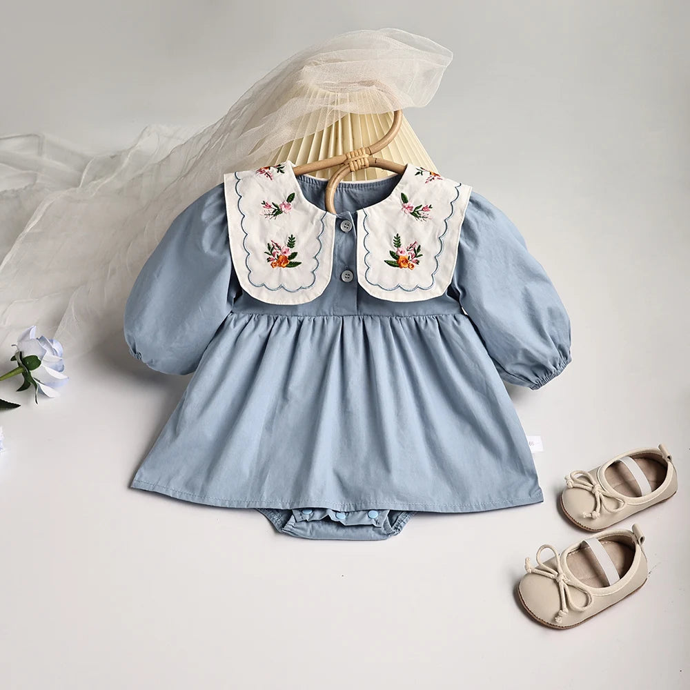Spring Baby Clothing Solid Pleated Baby Bodysuit Toddler Girls Embroidered Flower Big Collar One Piece