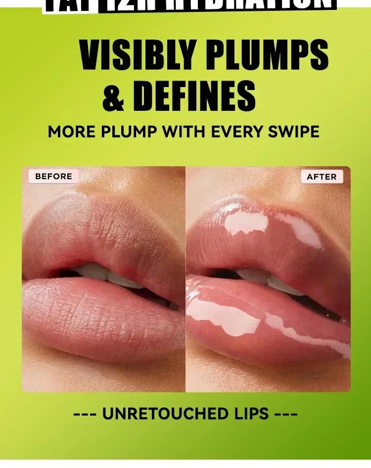Before and after close-up of lips showing plumping lip gloss effect, natural hydration